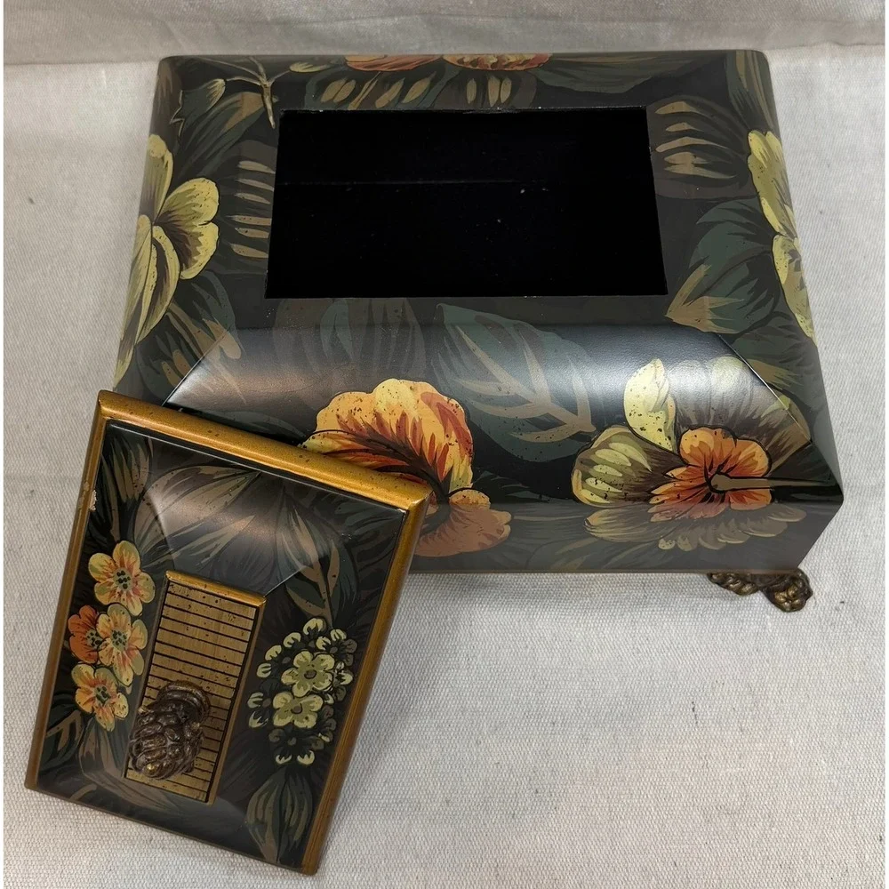Vintage Floral Hand Painted Decorative Jewelry Box Lion Paw Feet Pinecone Finial